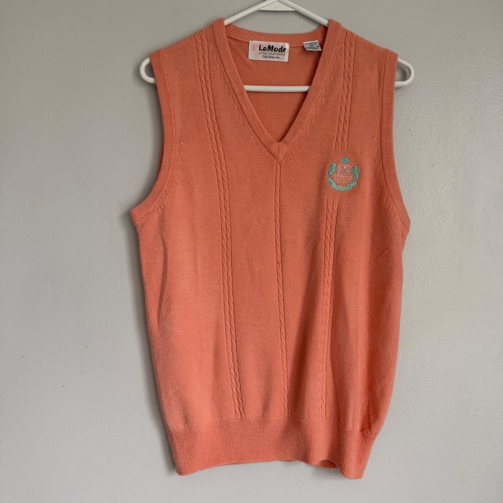 Vintage LaMode Peach Coral V-Neck Cable Knit Sweater Vest Cashmerlon M Preppy